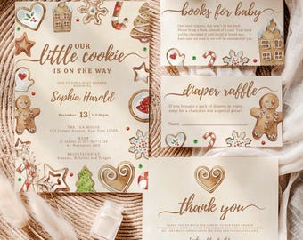 May include: A baby shower invitation suite with a cookie theme. The invitation features the text "Our Little Cookie is on the Way" and includes details like the date, time, and location. Coordinating cards for books, diaper raffle, and thank you notes are also included.