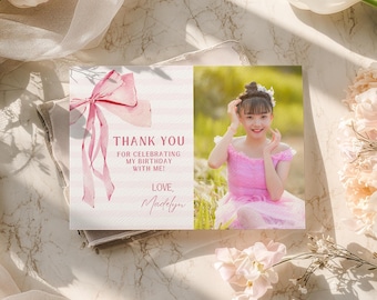 Editable Pink Bow Thank You Card with Photo, Soft Pastel Pink Bow 1st Birthday Thank You Card, Dusty Pink Ribbon Party Thank you