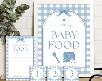 Blau Vichy-Karo-Babypartyspiele, Errate das Babykost-Spiel, PDF-Babypartyspiele, Blaue Babypartyspiele, druckbare Babyparty-Kartenspiele