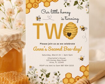 Bee Birthday Invitation, Second Bee-Day Party Invite (Digital Download)