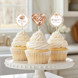 Editable Bun in the Oven Baby Shower Cupcake Toppers | Beige Gingham Baby Bakery Dessert Decorations (Canva Template)