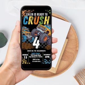 ELKE LEEFTIJD digitale Monster Truck verjaardagsuitnodiging, Monster Jam uitnodiging, Monster Truck uitnodiging, grafdelver verjaardagsuitnodiging
