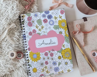 Schattig notitieboek met bloemenspiraal, notitieboek met aangepaste naam voor kinderen, notitieboek terug naar school voor meisjes, aangepaste schoolbenodigdheden voor tienermeisjes