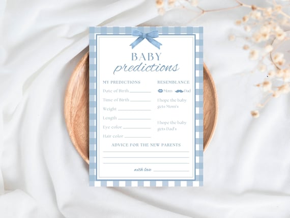Blue Gingham Baby Shower Games, Baby Prediction Cards, Advice for Baby, Predictions for the Baby, Predict when Baby Arrives Game, Printable