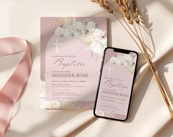 Faire-part de baptême floral rose poudré pour fille, modèle modifiable (numérique)