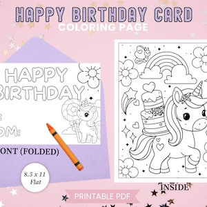 Cartão de feliz aniversário de unicórnio para colorir, cartão de felicitações para colorir para crianças, cartão de aniversário de unicórnio para imprimir, páginas para colorir de unicórnio, PDF