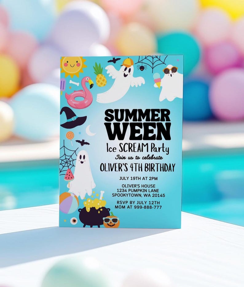 Peut inclure: Invitation rectangulaire pour une "Summer Ween Ice Scream Party" avec des illustrations de fant&ocirc;mes, un soleil, un flamant rose et un chapeau de sorci&egrave;re. L'invitation est pour le 4e anniversaire d'Oliver, avec la date, l'heure et le lieu.