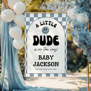 Little Dude Baby Shower Welcome Sign, Rad Dude is on the Way Board, Little Dude Poster, Smiley Face Entry Sign (Canva Template)