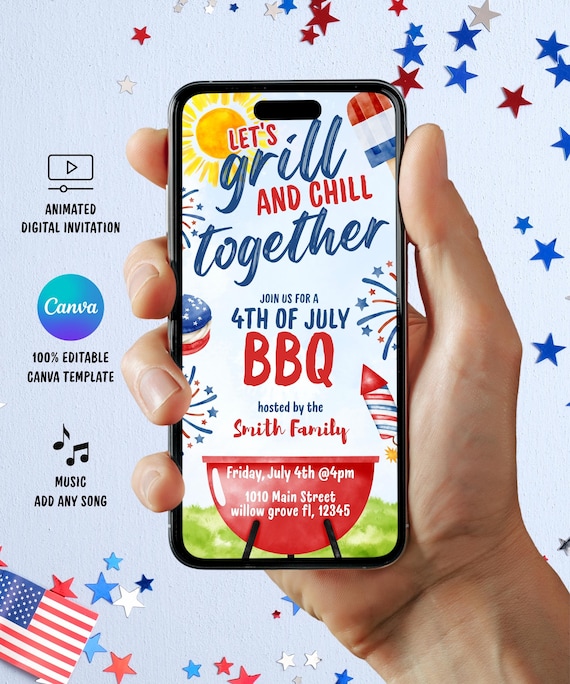 4th of July party digital invite, July Fourth BBQ Animated Invitation, July 4th Grill and Chill Invite, Fourth of July Invitation