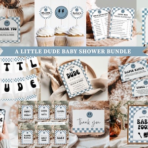 Little Dude ベビーシャワー招待状セット、Rad Little Dude is on the Way デコレーション、ブルーチェック柄シャワーサイン、スマイリーフェイスケーキトッパー