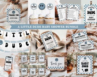 Op de afbeelding: Een babyshower-pakket met een blauw-wit geblokt patroon en smiley-iconen. Bevat bordjes, cupcake-toppers, spelkaarten, een "LITTLE DUDE"-banner en uitnodigingssjablonen met de tekst "A LITTLE DUDE is on the way!".
