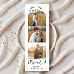 May include: Save the date card with a white background and three photos of a couple in a field. The text "Save the date" is written in black cursive script. The couple's names are "Alison + Brad" and the date is "10.16.20XX". The location is "Cherryhill, WA".