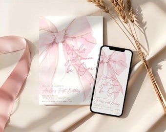 Invitation « Les filles veulent juste avoir un an », Invitation d'anniversaire avec nœud rose, Invitation rose et or, Invitation pour le 1er anniversaire, Invitation pour le premier anniversaire