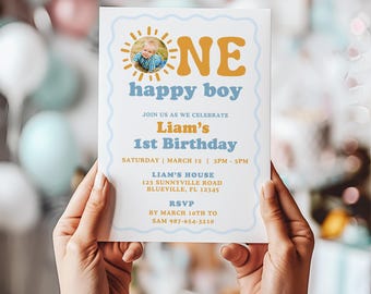 ONE Happy Boy Birthday Invitation, 1st Birthday Invitation, First Birthday Invitation with Photo, Sun Invitation, Sunshine, One Happy Dude