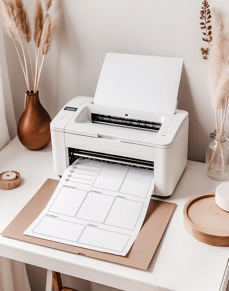 May include: A white printer printing a weekly planner sheet. The planner has sections for each day of the week. The printer sits on a white desk with decorative items, including a brown vase with dried plants.
