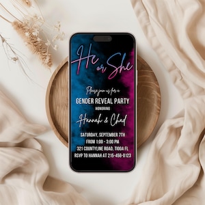 Smoke gender reveal invitation, He or She Gender Reveal Digital Invite, boy or girl Electronic Invitation, Pink or Blue What Will Baby Be