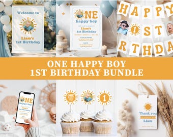 Paquete de invitaciones para el primer cumpleaños de un niño feliz, decoración de primer cumpleaños con temática de sol y adornos para cupcakes (descarga digital)
