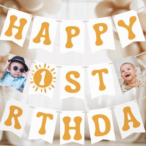 Ein fröhlicher Junge Banner, druckbares glückliches ein Geburtstagsbanner, erste Geburtstagsparty Dekoration, Sonnendekorationen, Sonnenbanner mit Fotos