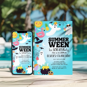 Editable Summerween Birthday Party Invitation Digital, Summer Halloween Birthday, Ghost Summer Pool Party Invite, Spooky Ice cream Party