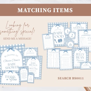 K&ouml;nnte beinhalten: Eine Sammlung von Babyparty-Papeterie mit blauem Vichy-Muster. Das Set umfasst Einladungen, Spielkarten und Dankeskarten. Text beinhaltet "Matching Items", "Welcome to Olivia Cline's Baby Shower" und "Thank You".