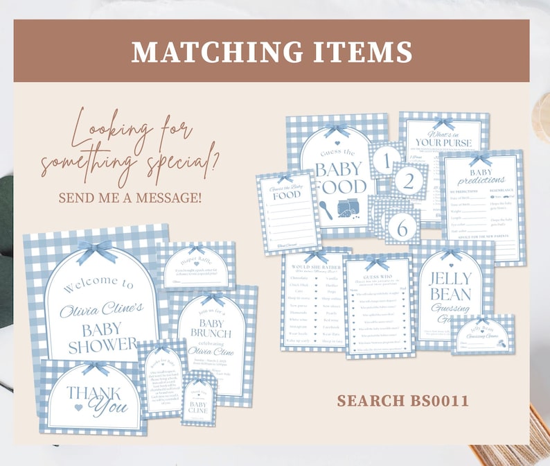 K&ouml;nnte beinhalten: Eine Sammlung von Babyparty-Papeterie mit blauem Vichy-Muster. Das Set umfasst Einladungen, Spielkarten und Dankeskarten. Text beinhaltet "Matching Items", "Welcome to Olivia Cline's Baby Shower" und "Thank You".