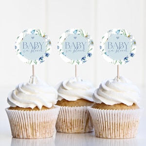 May include: Three blue and white cupcake toppers with the text "Baby in blush" and a floral design. The toppers are on top of cupcakes with white frosting.