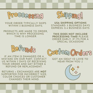 May include: A digital graphic with text about order processing, shipping, and refunds. The text is in a playful font with a light green and tan checkered background. A crescent moon and stars graphic is also included.