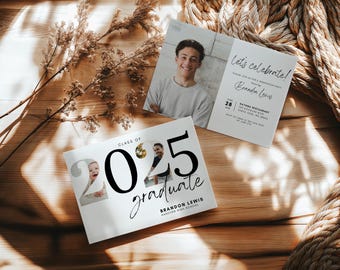 Sjabloon afstuderen uitnodiging 2025, moderne afstudeeraankondiging, senior afstudeerfeest, jongens afstudeerfeest uitnodigen met foto's