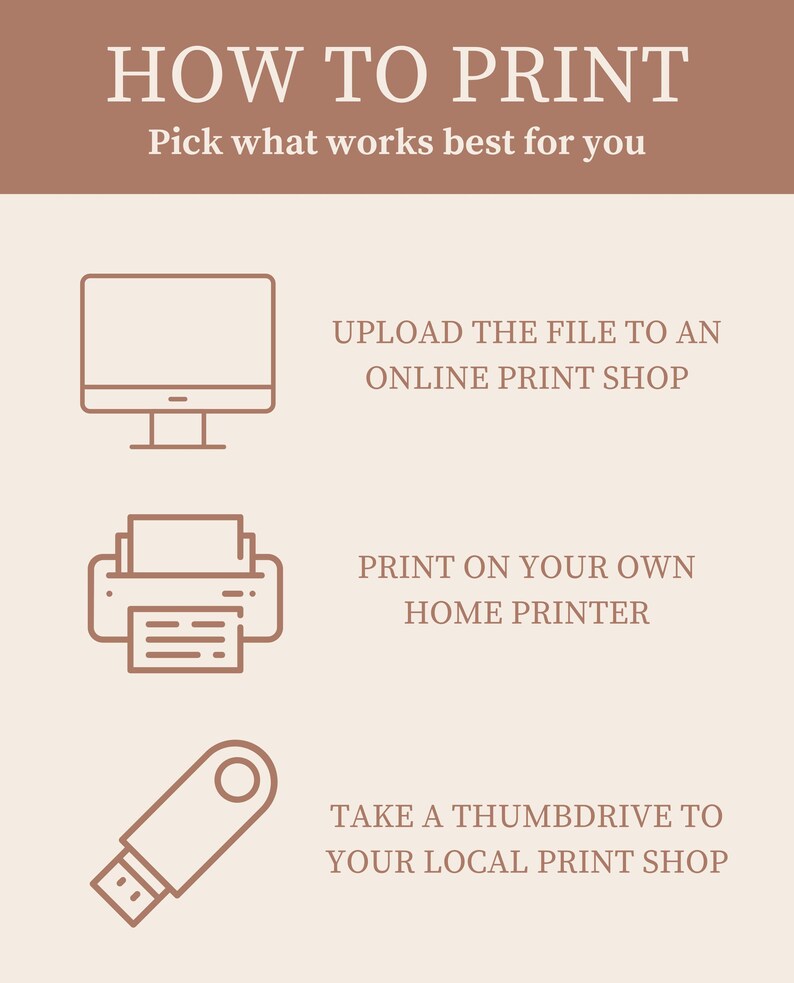K&ouml;nnte beinhalten: Beige Grafik mit dem Text &bdquo;HOW TO PRINT&ldquo; und Anweisungen. Optionen umfassen das Hochladen in eine Online-Druckerei, das Drucken zu Hause oder die Verwendung eines USB-Sticks in einer lokalen Druckerei. Braune Strichzeichnungen veranschaulichen jede Option.