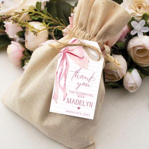 Rosa Schleife Geburtstagsgeschenk Anhänger, Rosa Schleife druckbare Anhänger, Dankeschön Schleife Anhänger, Rosa Streifen Gastgeschenk Anhänger
