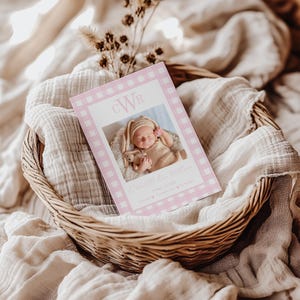 Faire-part de naissance rose Vichy, faire-part rose pour petite fille, faire-part de bébé avec photos, modèle de carte photo imprimable