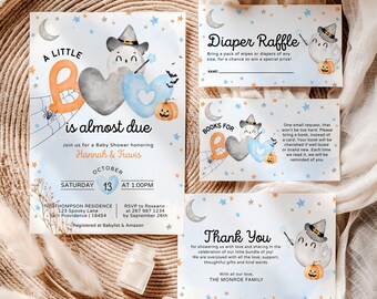 May include: A set of Halloween-themed baby shower invitations and inserts. The main invitation features the text "A Little Boo is Almost Due" with a ghost and pumpkin design. Additional cards include a diaper raffle, book request, and thank you note.