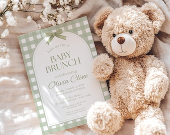 Salie groene babyshower uitnodigingsbundel, neutrale babyshower uitnodigen, pastel groene pastel babyshower, groene geruite babyshower BS0004
