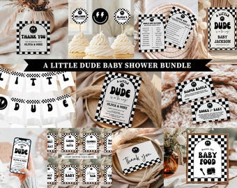 Op de afbeelding: Een verzameling baby shower decoraties met een zwart-wit geblokt patroon en een smiley thema. Inclusief borden, cupcake toppers, banners en uitnodigingen met de tekst "A Little Dude" en "Thank You".