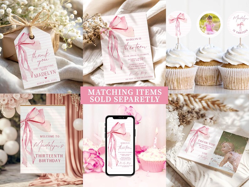 May include: A collection of pink and white party supplies, including invitations, cupcake toppers, and a welcome sign, all featuring a watercolor bow design. The text includes "Madelyn is thirteen" and "Thank you".