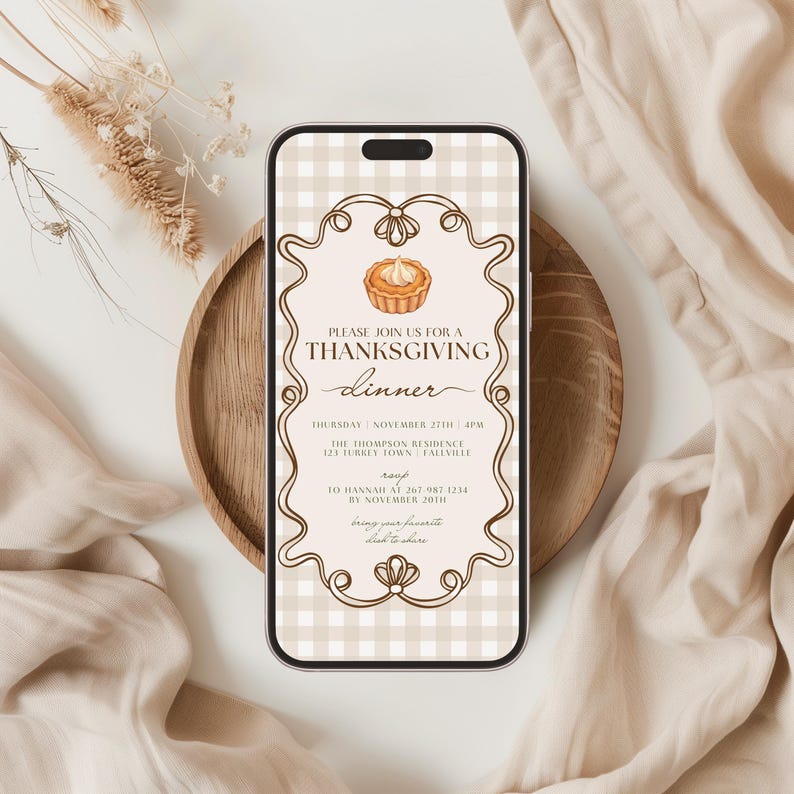 Mall för digital inbjudan till Thanksgiving-middag, inbjudan till låt oss samlas, sms-telefoninbjudan till Friendsgiving, höstträff, Canva bild 3