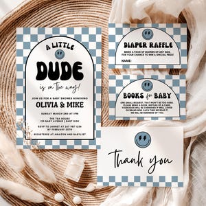 May include: Baby shower invitation and cards with a blue and white checkered pattern. The main invitation reads "A Little Dude is on the way!" and includes details for Olivia & Mike's baby shower. Additional cards include "Diaper Raffle," "Books for Baby," and a "Thank You" card.