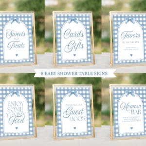 Tafelborden babyshower blauw pastel, afdrukbare bordjes babyshower, bord feestbedankjes, bord gastenboek, bord Momosa-bar, bord kaarten en cadeaus