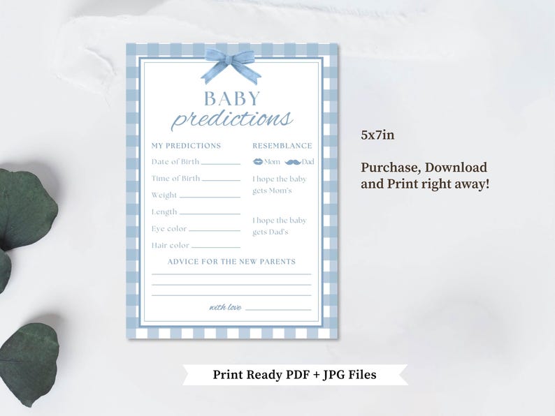 K&ouml;nnte beinhalten: Eine Babyparty-Spielkarte mit blauem Vichy-Rand und einer blauen Schleife oben. Die Karte tr&auml;gt den Titel "BABY predictions" und enth&auml;lt Abschnitte f&uuml;r Vorhersagen &uuml;ber das Geburtsdatum, die Zeit, das Gewicht, die Augenfarbe und die Haarfarbe des Babys.