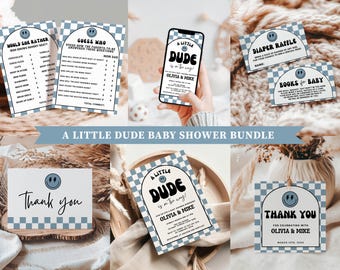 Little Dude babyshower uitnodigingsbundel, Rad Little Dude is onderweg uitnodigingsset, geblokte blauwe babyshower, smiley babyshower