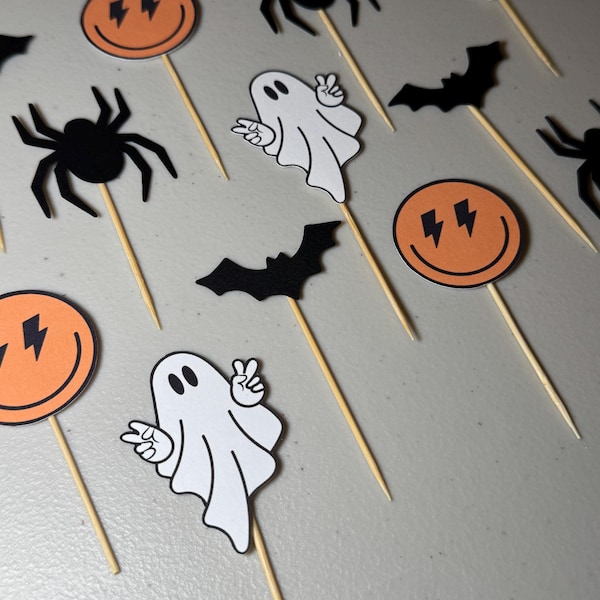Halloween Birthday Cupcake Toppers, Orange Retro Smiley Dude Party Decor, Little Boo Birthday Party Dessert Tops, 2nd Birthday