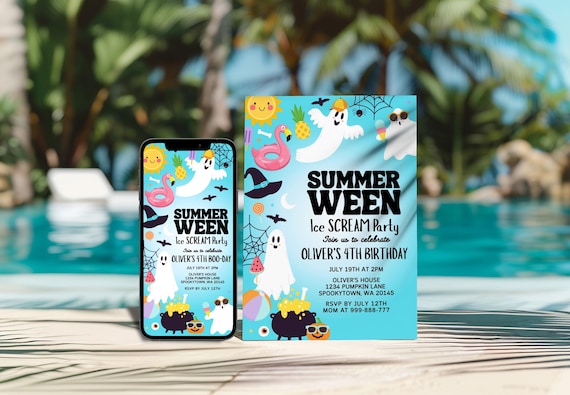 Editable Summerween Birthday Party Invitation Digital, Summer Halloween Birthday, Ghost Summer Pool Party Invite, Spooky Ice cream Party