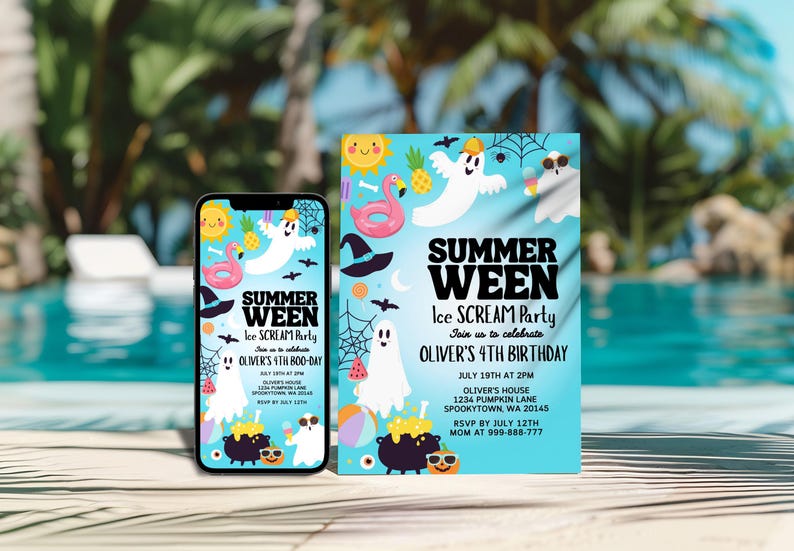 May include: A Summerween Ice Scream Party invitation on a phone and a card. The invitation features a blue background with cartoon ghosts, a sun, a flamingo float, and a witch hat. The text reads 'Summerween Ice Scream Party' and details the date, time, and location of the party.