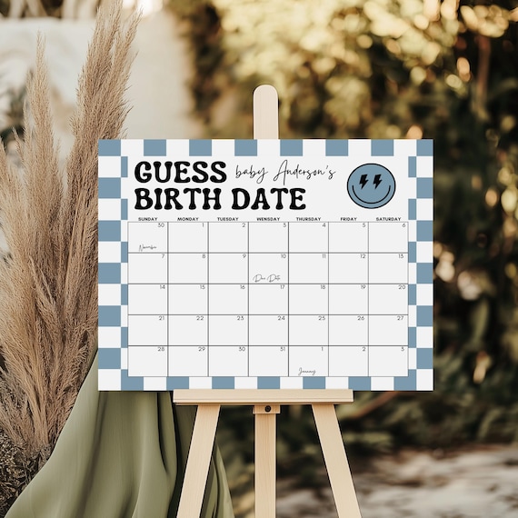 Editable Little Dude Guess Baby's Due Date Game Template, Printable Little Dude Decor, Checkered Smile Retro, Rad Dude Baby shower Games