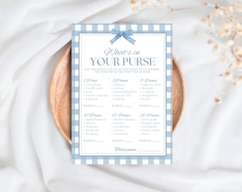 Blue Gingham Baby Shower Games, Whats In Your Purse Game, PDF Baby Shower Games, Blue Baby Shower Games, Blue Gingham Theme Party Games