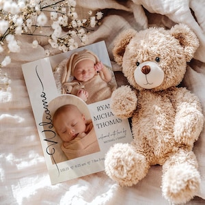 Neugeborenen Geburtsankündigung Fotokarte, Willkommen Babymitteilung mit Bildern, druckbare Foto Geburtskarte, Beige bearbeitbare Geburtsvorlage
