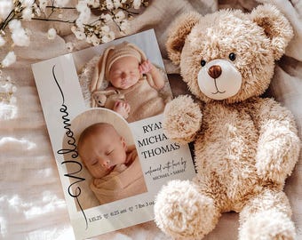 Newborn Birth Announcement photo card, Welcome Baby Announcement with pictures, Printable Photo Birth Card, Beige Editable Birth Template