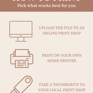 Peut inclure: Graphique beige avec le texte &laquo;&nbsp;COMMENT IMPRIMER&nbsp;&raquo; et des instructions. Les options incluent le t&eacute;l&eacute;chargement vers une imprimerie en ligne, l'impression &agrave; domicile ou l'utilisation d'une cl&eacute; USB dans une imprimerie locale. Des ic&ocirc;nes de dessin au trait marron accompagnent chaque option.