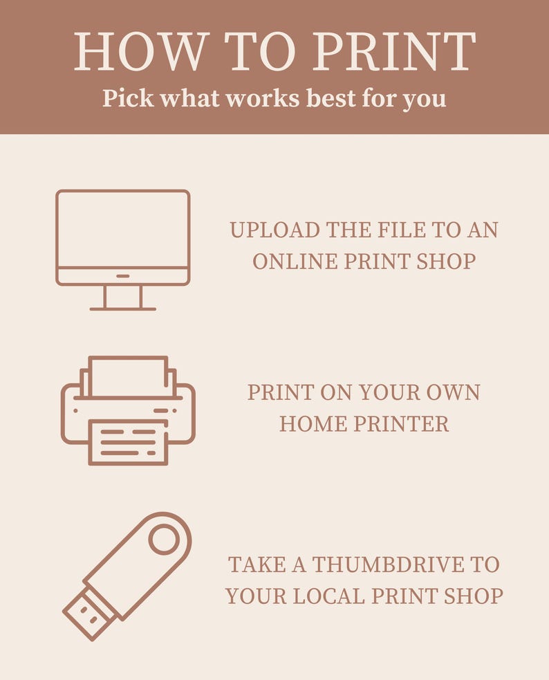 Peut inclure: Graphique beige avec le texte &laquo;&nbsp;COMMENT IMPRIMER&nbsp;&raquo; et des instructions. Les options incluent le t&eacute;l&eacute;chargement vers une imprimerie en ligne, l'impression &agrave; domicile ou l'utilisation d'une cl&eacute; USB dans une imprimerie locale. Des ic&ocirc;nes de dessin au trait marron accompagnent chaque option.