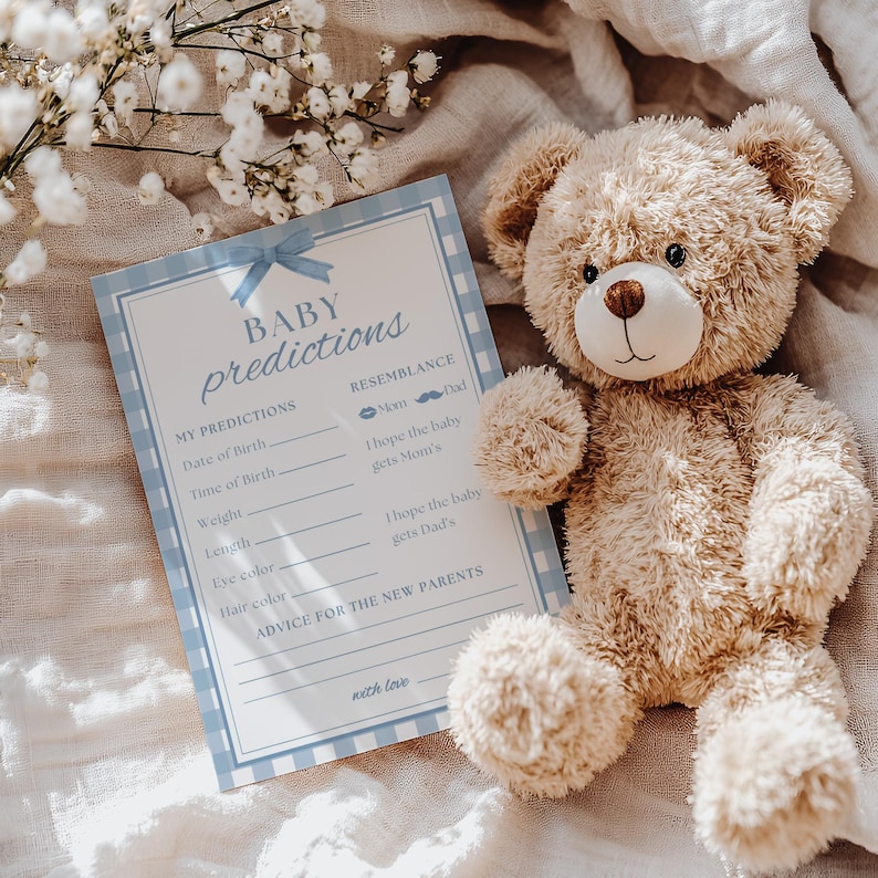 K&ouml;nnte beinhalten: Ein kuscheliger, hellbrauner Teddyb&auml;r liegt neben einer Babyparty-Spielkarte. Die Karte hat einen blau-wei&szlig; karierten Rand und tr&auml;gt die Aufschrift "BABY predictions". Sie bietet Platz f&uuml;r Vorhersagen &uuml;ber Geburtsdatum, Uhrzeit, Gewicht, L&auml;nge, Augenfarbe und Haarfarbe des Babys.